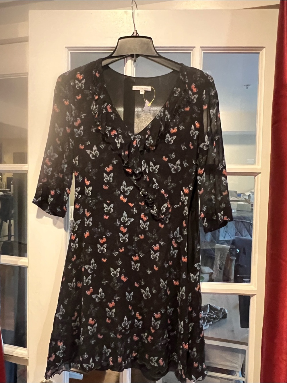 Patrizia Pepe Black Butterfly-Print Ruffle V-Neck Dress